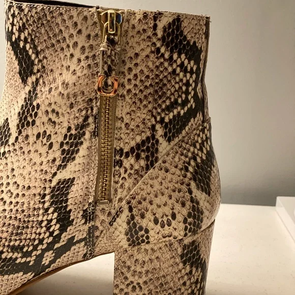 Size 9 Cole Haan sightly textured snake skin booties with gold accents. - Picture 3 of 6